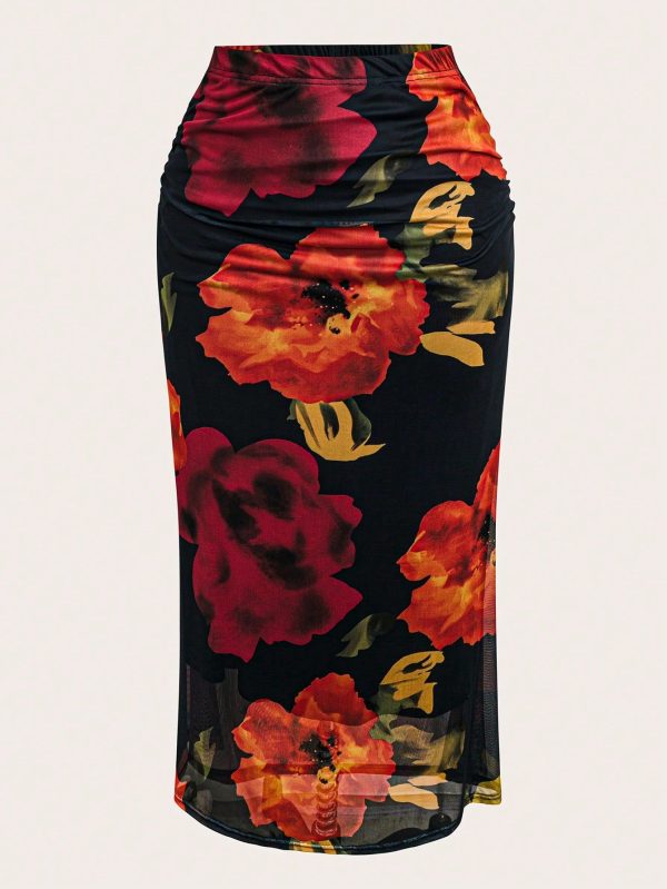 Plus Size Women's Elegant Floral Printed Skirt, For Dating, Party, Beach, Holiday, Wedding, Cocktail, Daily Casual. Perfect For Spring/ Summer/Autumn Maxi Women Outfit