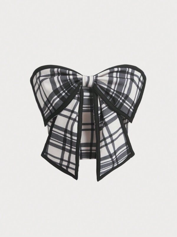 Grid Pattern Strapless Top With Bow Decoration