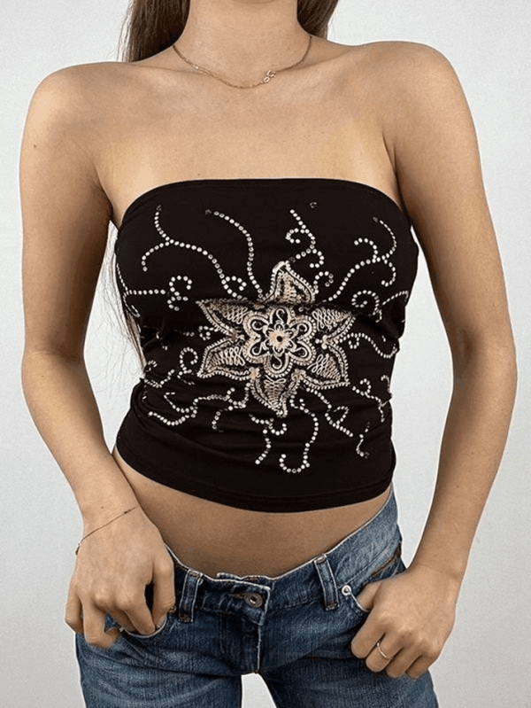 Rhinestone Floral Bandeau Top - Black / M - AnotherChill