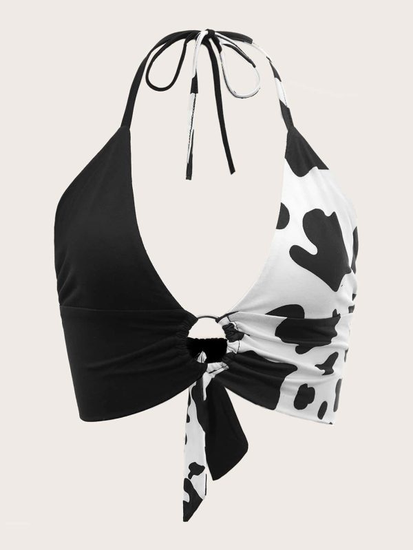 Cow Print O-ring Ruched Tie Backless Crop Halter Top