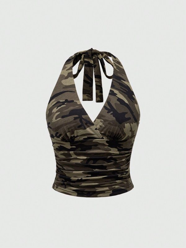Y2K Camouflage Print Halter Neck Top For Women, School