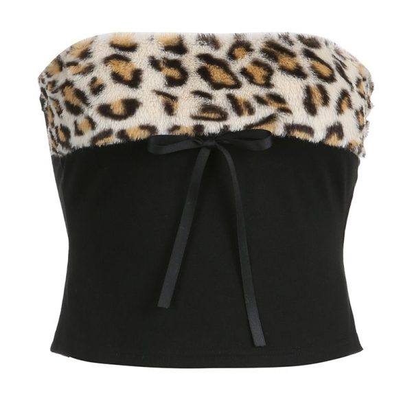 Sexy  Leopard Fur Stitching Cinched Slimming Pullover Sexy off the Shoulder Sexy Beauty Back Tube Top