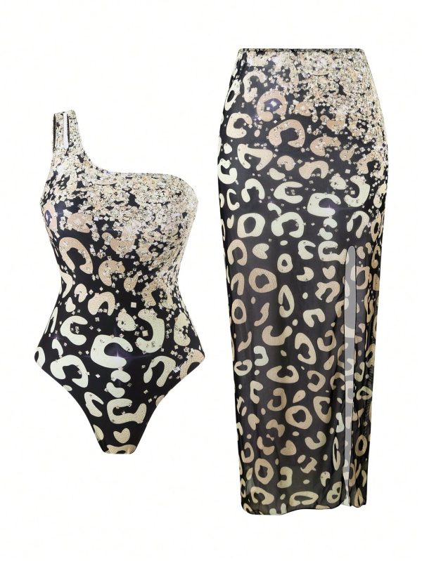2 Pcs/Set Women Ombre Leopard Print One-Shoulder Cutout Design Vacation Chic One Piece Swimsuit