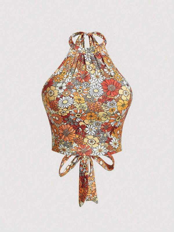 Plus Floral Print Tie Backless Halter Top, Summer