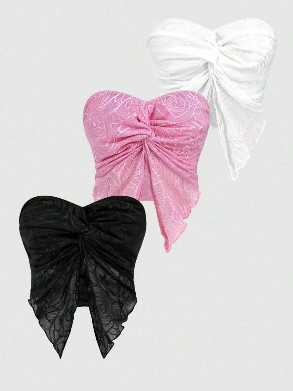 3pcs Twist Front Bandana Hem Tube Top Y2K Outfit