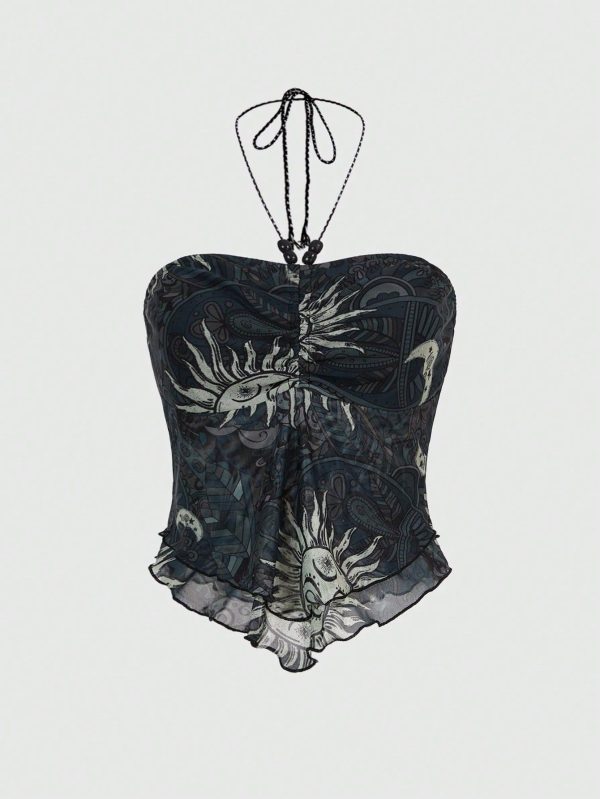 Women's Sun Face Printed Halter Neck Tank Top With Ruffled Hem