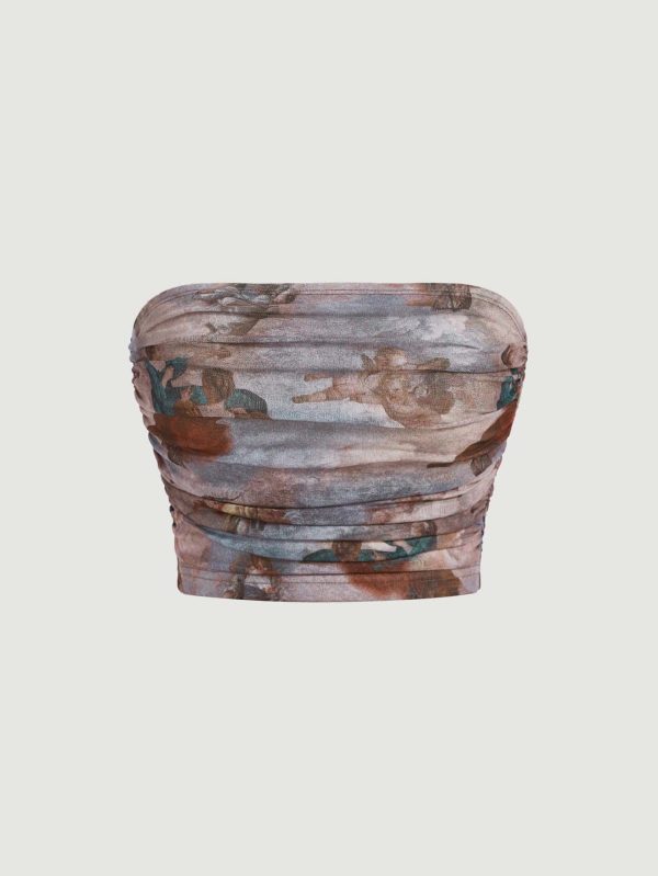 Retro Vintage Summer Figure Print Ruched Detail Tube Top