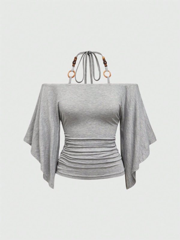 Vintage Loose Off-Shoulder Wooden Bead Decor Batwing Sleeve Women T-Shirt