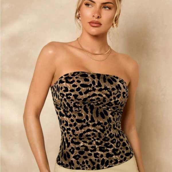 Rebellious Rose Tops | Women's Leopard Print Bandeau Top For Music Festival, Slim Fit | Color: Brown/Tan | Size: Various