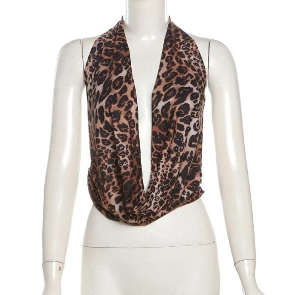 Halter cowl neck leopard print backless top - Leopard print / L