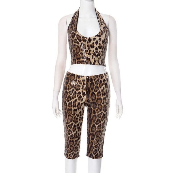Halter glitter backless leopard print pant set - Brown / S