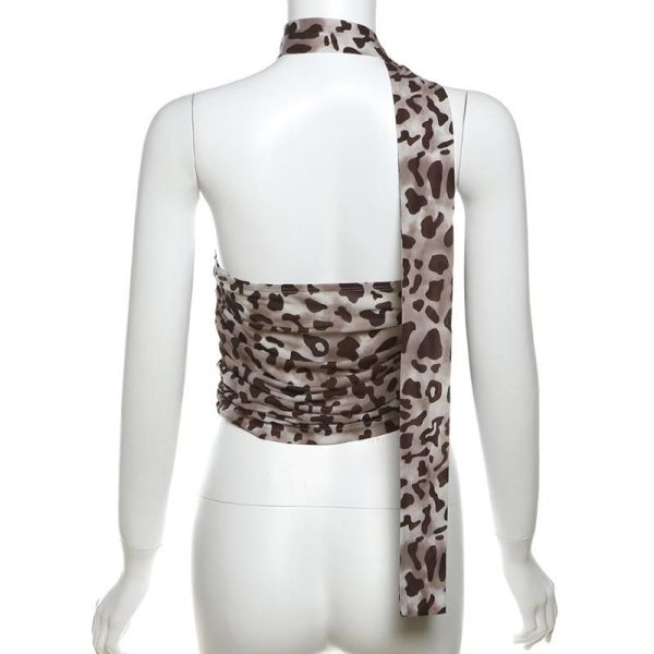 Leopard print ruched scarf tube top - Khaki / M
