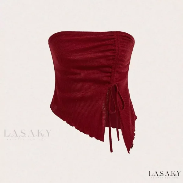 Lasaky - Irregular V-neck Sleeveless Top with Wrap Design and Drawstring, in Slim Fit Waffle Pattern - Wine Red, M
