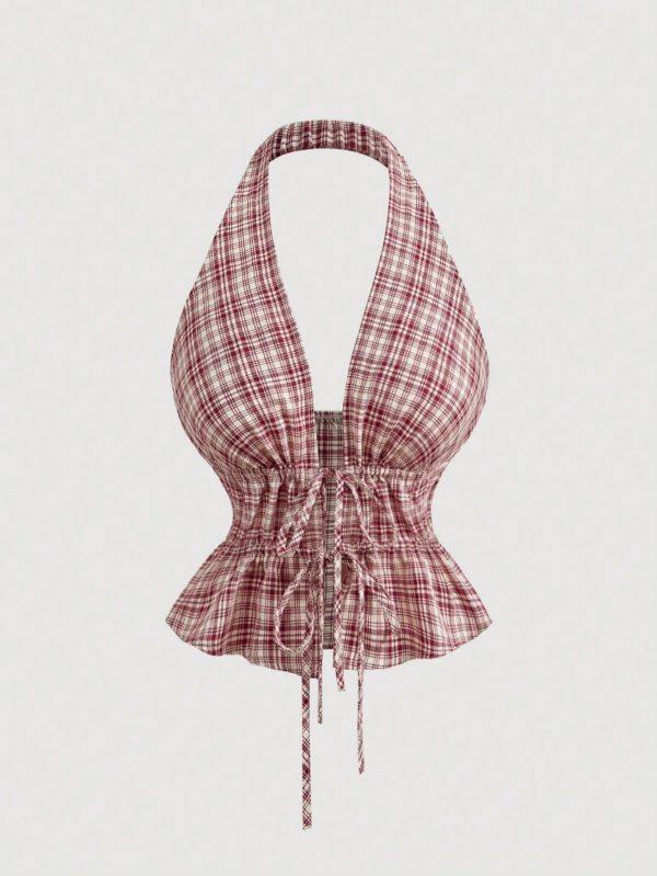 Neck-Tied Waist Cinched Plaid Crop Top,Hippie,Streetwear  ,Rave,Boho,Vintage,Date Night ,Tropical  ,Backles,Sexy ,Western,Coquette ,Going Out Top