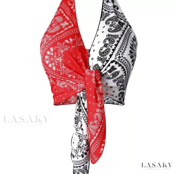 Lasaky - Chic and Stylish Womens Western Paisley Color Block Halter Top - Sleek Sleeveless Design with Open Back and Tie Front - Perfect Addition to any Fashionable Wardrobe - Red, M(6)