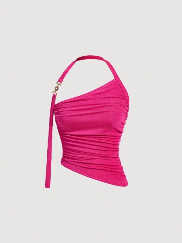 Women's Pleated Asymmetrical Hem Halter Neck Tank Top