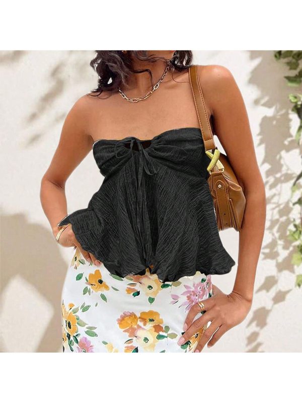 Women Y2k Strapless Tube Tops Fairy Ruffle Hem Tie Front Bandeau Top Wrap Chest Backless Solid Color Flowy Tank Top Cute Going Out Tops