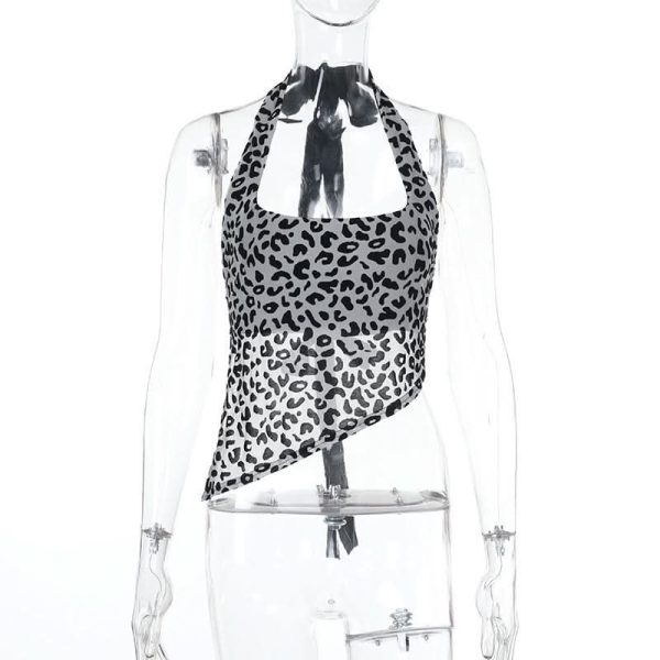 Halter leopard print self tie backless top - Leopard print / L