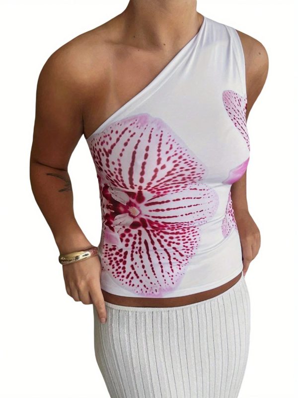 Women's One Shoulder Tops Slim Flower Print Slash Neck Backless Sleeveless Crop Shirt For Summer