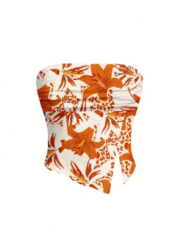 Artist Girlcore Casual Orange Floral Print Cropped Tight-Fitting Strapless Women Tops, For Summer, Holiday, Vacation, Going Out, Festival, Rave Western Wear