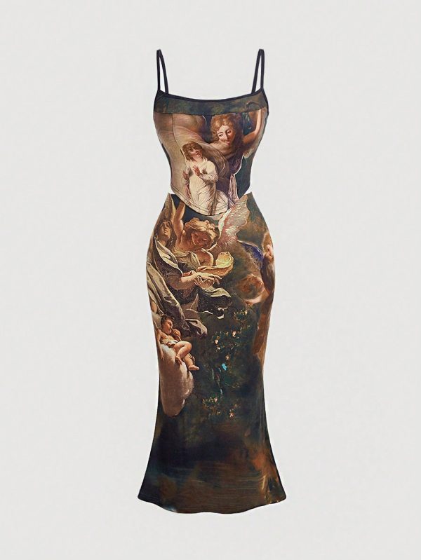 Women's Printed Oil Painting Style Cami Top And Skirt Set