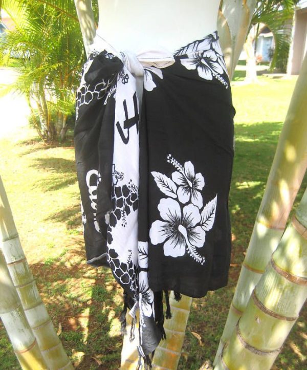 Chic Hawaiian Beach Sarong Short Black White Hibiscus Pareo Luau Cruise Wrap Skirt 2024