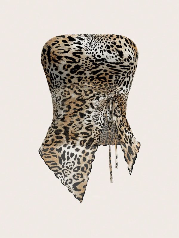 Leopard Print Mesh Drawstring Asymmetrical Hem Bandeau Top