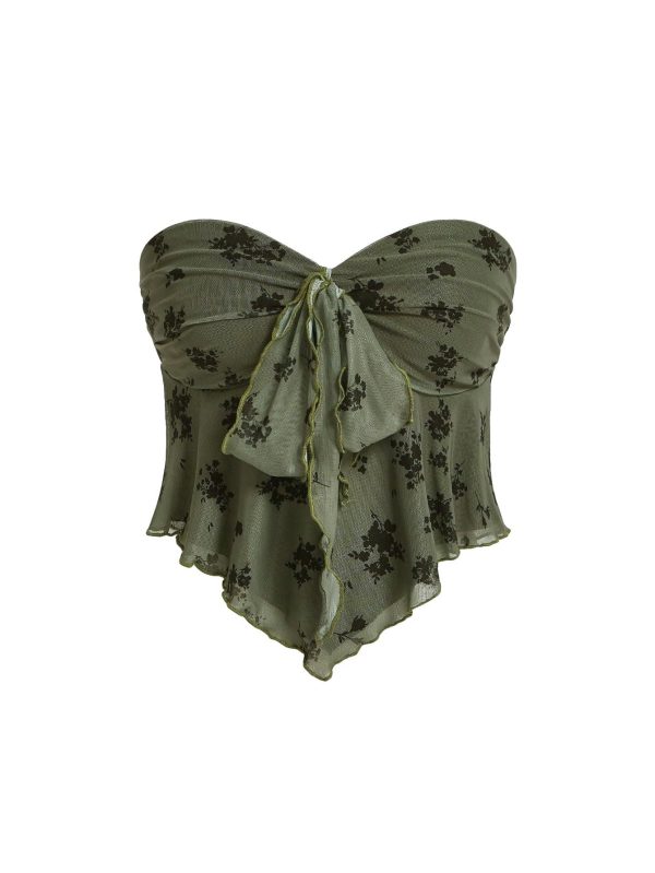 SHENHE Women's Floral Strapless Tie Front Lettuce Trim Asymmetrical Flare Boho Tube Top