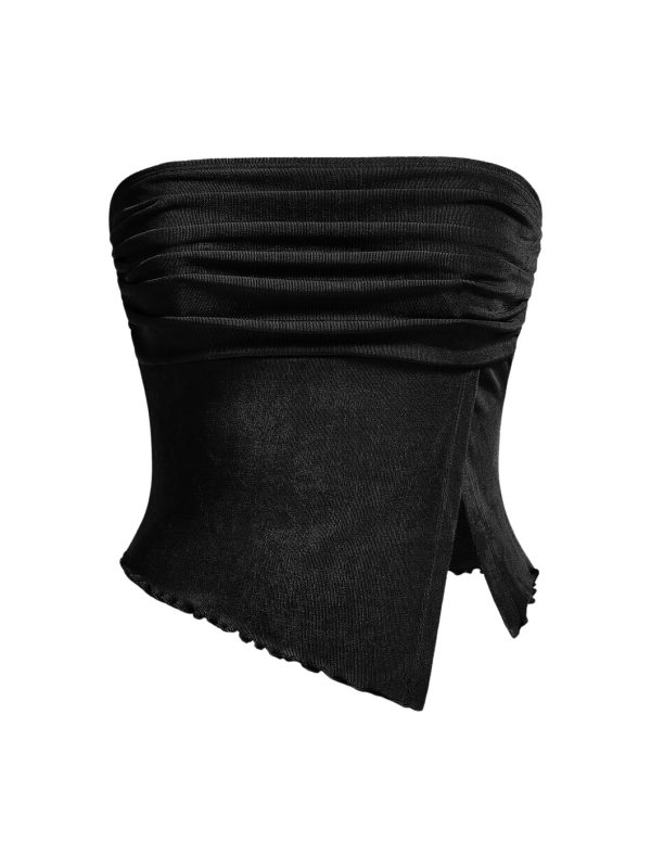 Milumia Women Mesh Tube Tops Split Hem Going Out Strapless Bandeau Tops Ruched Tank Shirts