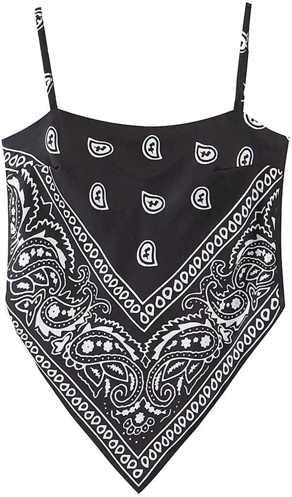 Women's Paisley Print Tie Back French Knot Hanky Hem Spaghetti Straps Handkerchief Cami Bandana Tube Crop Top