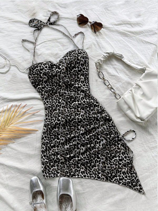 Vintage Leopard Print Casual Minimalist Women Mini Dress, Suitable For Summer