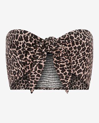 Leopard Print Linen Blend Tie Front Bandeau Top SzS Animal Print Smocked Stretch  | eBay