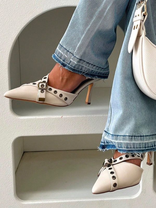 Buckle Strap Kitten Heels For Women Pointed Toe Leather Buckled Strap Vintage Slip On Dress Pumps Shoes Pointed Toe Mule Sandals