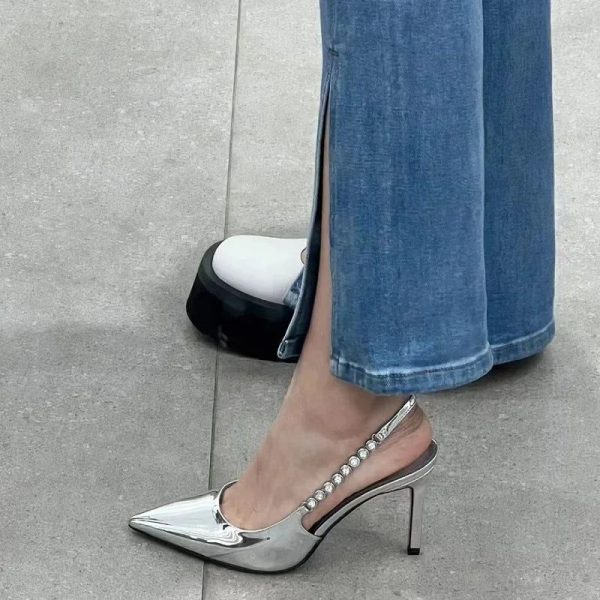 LBSFY  -  New Water Diamond Exquisitely Beautiful Pointed High Heels, Feminine Temperament Celebrity Thin Heel  Baotou Sandals Female - Silver paint 9CM / 38